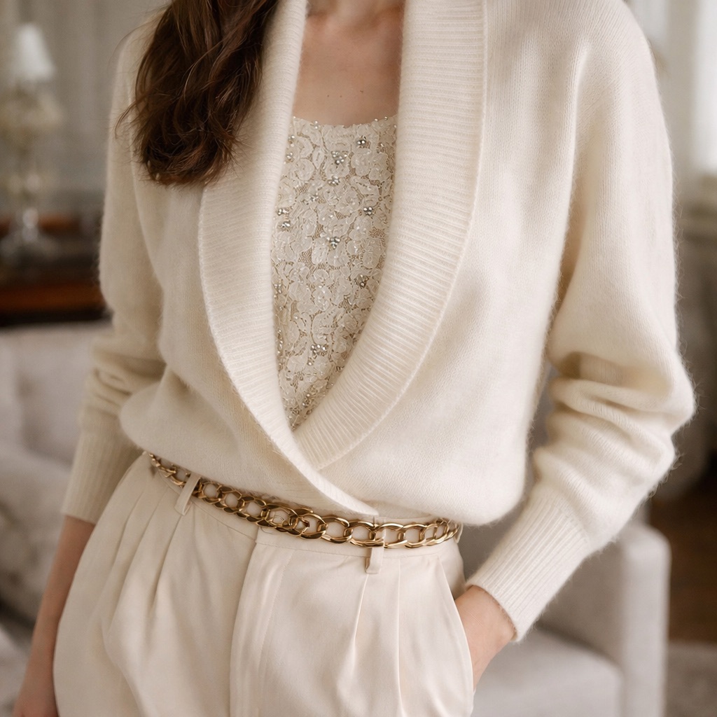 Vintage Balestra Roma Angora Cashmere Blend Sweater Ivory Lace Rhinestone Knit